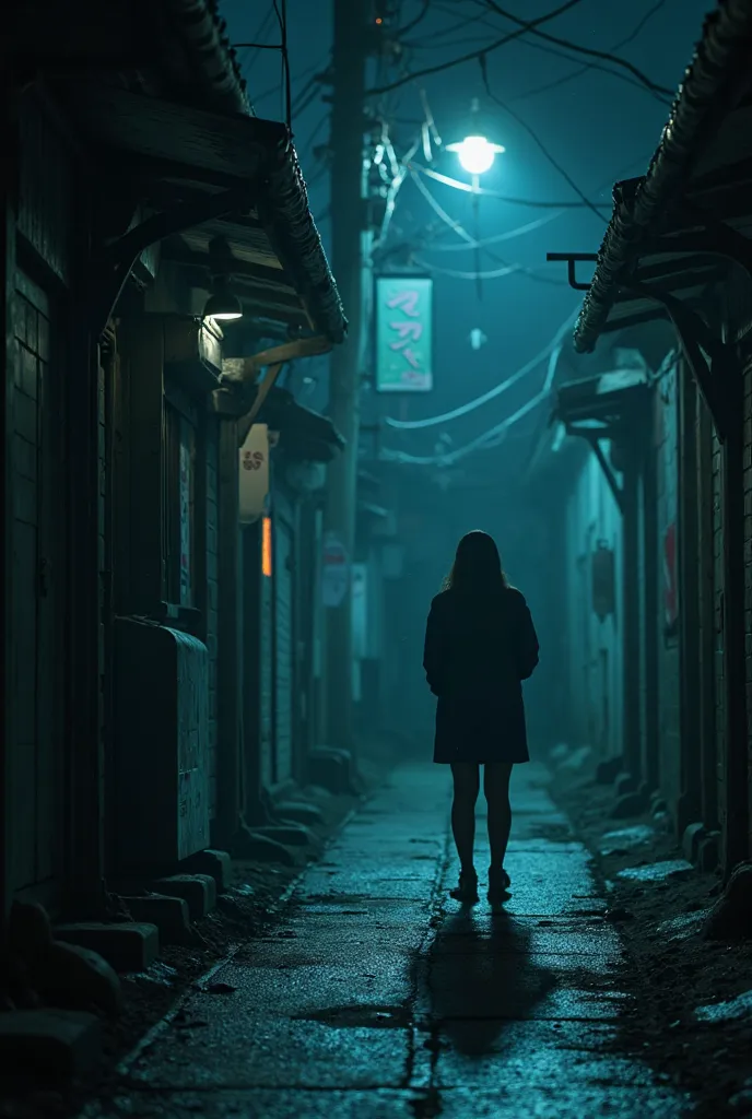 In the dead of night in a cold alley，A Japanese high school student hiding behind a stainless steel box vibrates her pupils，street lights cast silhouettes of several traders in dark shadows on damp walls，is covered with a transparent plastic bag Suspicious...