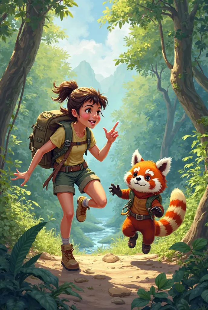 - Image: An action-packed illustration of Riko teaching Pandy how to run fast through the jungle.