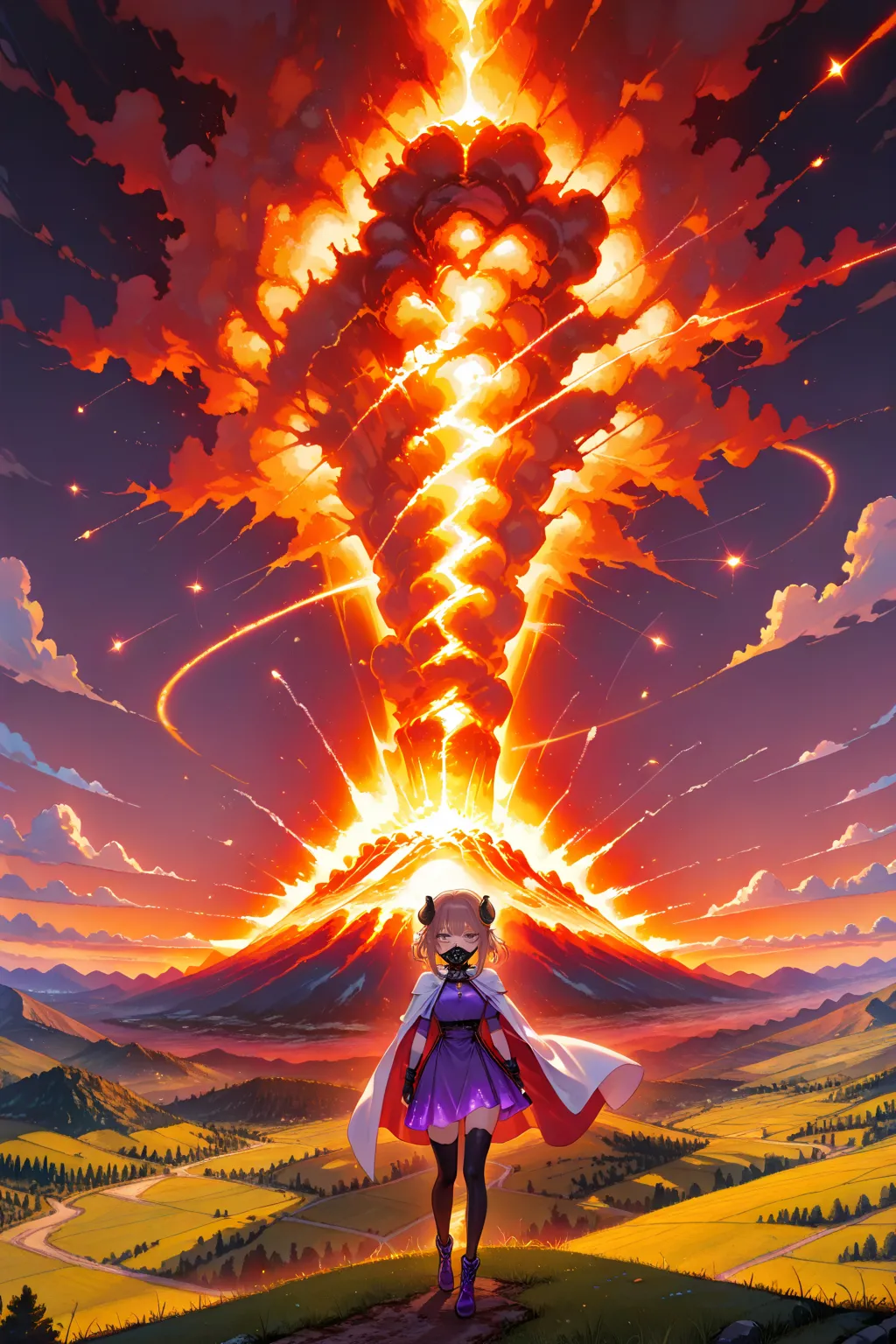 Alone,1 girl who died\(( Eyjafjara Base):1.3, curled horn, stupid hair, neck mask,  purple dress, White Cape,  fingerless gloves , black thigh high for aa,tears\).background\( beautiful red sparks , lots of fireballs ,(great eruption:1.3), very,Flare,(prom...