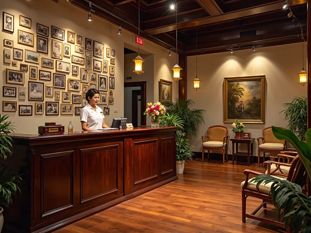 *"A warm and nostalgic hotel lobby in a boutique hotel in Ayutthaya, Thailand, designed to feel like a welcoming family home. The reception desk is crafted from dark polished wood, with a friendly hotel staff member standing behind it, ready to greet guest...