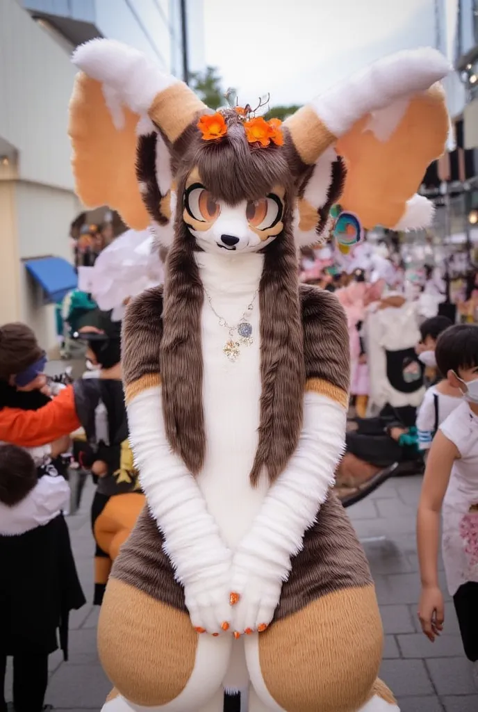 cute autumnal fennec fox girl with long dark brown hair, with intense eyelashes, orange flower crown, in a convention center, with angel wings, hands behind her back, orange eyes, black nose