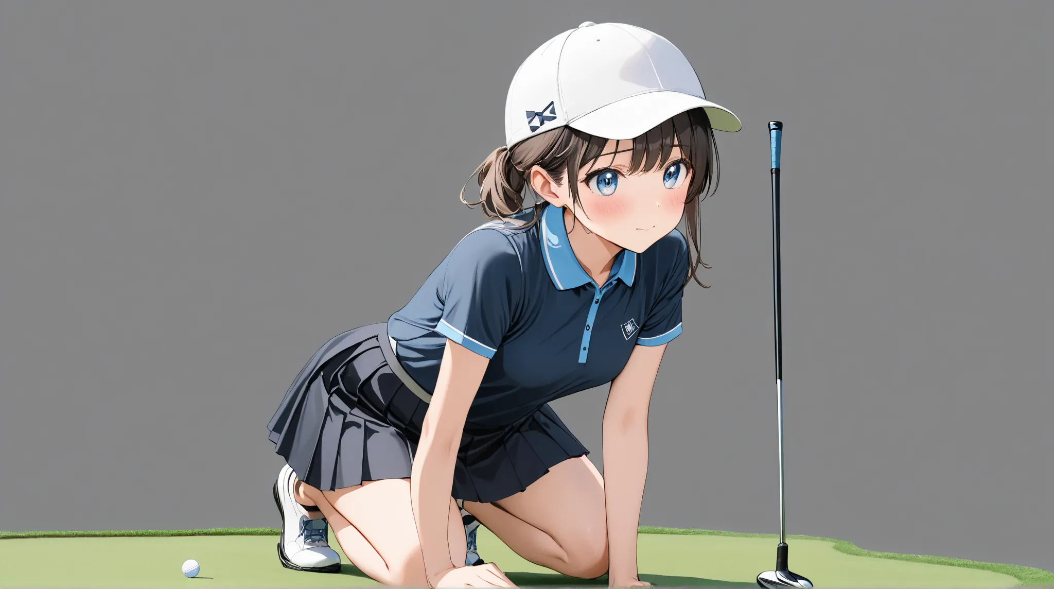 top quality,Crouching pose in golf,色んな角度からgirlsを撮る,embarrassed face,girls,Alone, transparent background ,SMALLE BREASTS,bungs,semi-long,black golf wear,Golf Skirt,blue eyes,I blush so much,black panties, Panchira