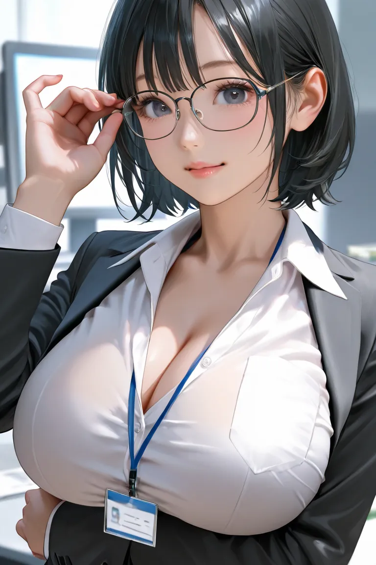 Glasses、Plain、Big Breasts、Short black hair、Extremely Realistic、top quality、in white for summer very detailed、 office、clerk、white shirt、suit