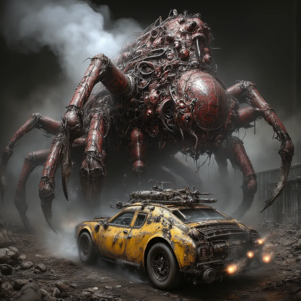 A giant salamander fighting machine with four mechanical legs.. A futuristic, elegant fighting machine.. It resembles a mechanical salamander.. It has many hoses.、The iron nozzles are covered in dirt.. Red elements,  Many hoses . It is yellow in color.、Hot...