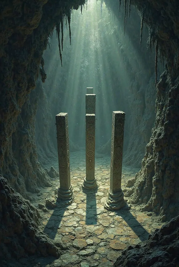 A map seen from above a dark cave with 4 pillars in the center