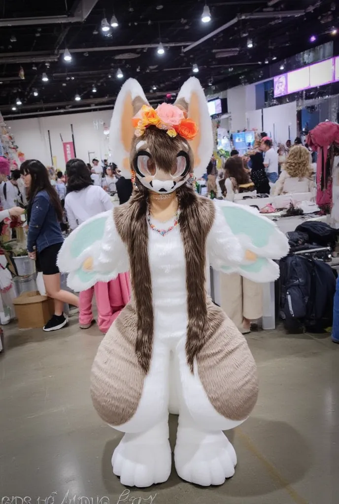 cute autumnal fennec fox girl with long dark brown hair, with intense eyelashes, orange flower crown, in a convention center, with angel wings, hands behind her back, orange eyes, black nose