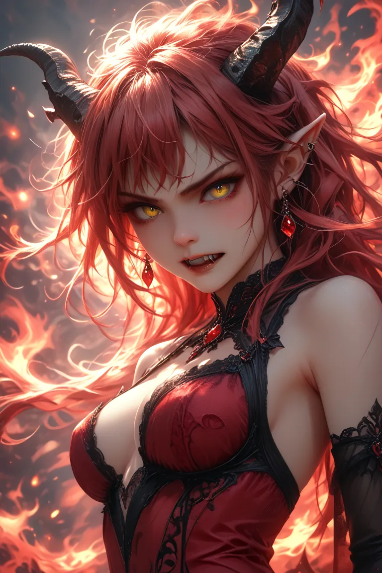 score_9, score_8_up, score_7_up, 8k, detailed design, detailed background, detailed characters, masterpiece, anthro only, furry only, solo,    ifrit_(final_fantasy), ear piercing, red hair, long hair, fangs, horns, yellow eyes, brown fur, bracelet, close u...