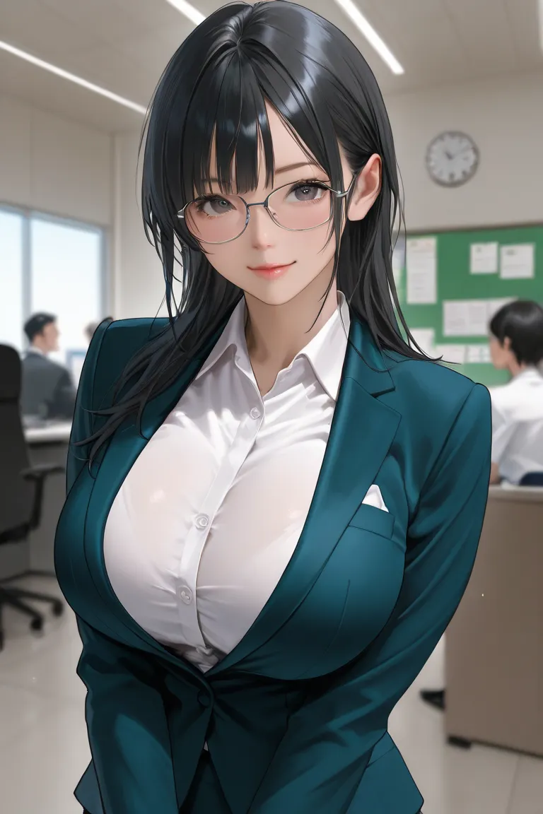 Glasses、Plain、Big Breasts、Short black hair、Extremely Realistic、top quality、in white for summer very detailed、 office、clerk、white shirt、suit