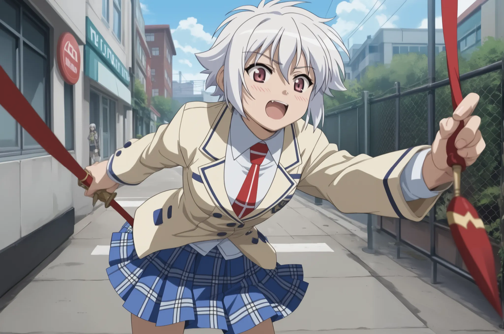 Nagi Jinno - Makai Tenshi Djibril 3 (The Devil Angel 3)Nagi-Jibril, 1 girl who died, short hair, white hair, tie, blue skirt, plaid skirt score_9, score_8, score_7