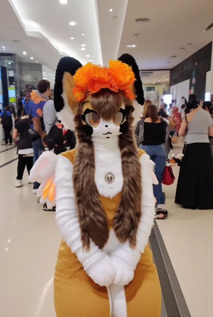 cute autumnal fennec fox girl with long dark brown hair, with intense eyelashes, orange flower crown, in a convention center, with angel wings, hands behind her back, orange eyes, black nose