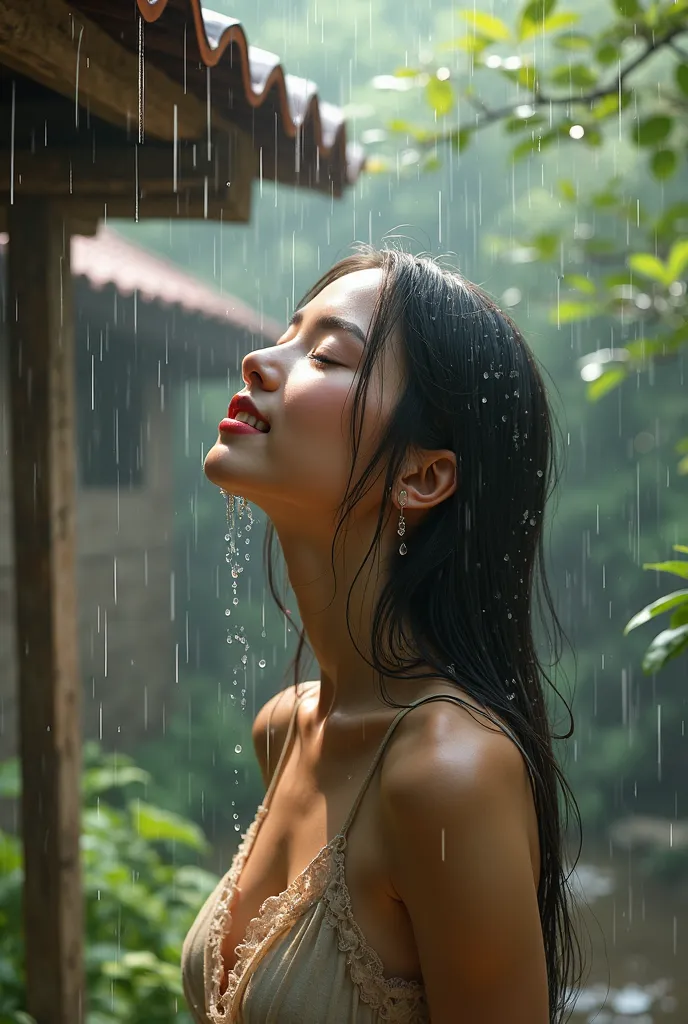 1girl, drinking raindrops, from roof