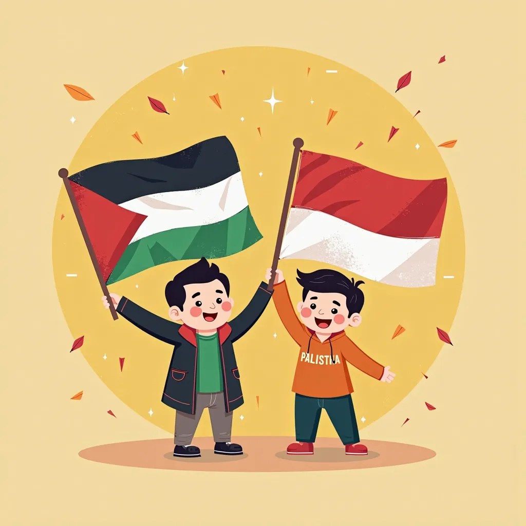 2 man holding flags , palestine and indonesia , cartoon 