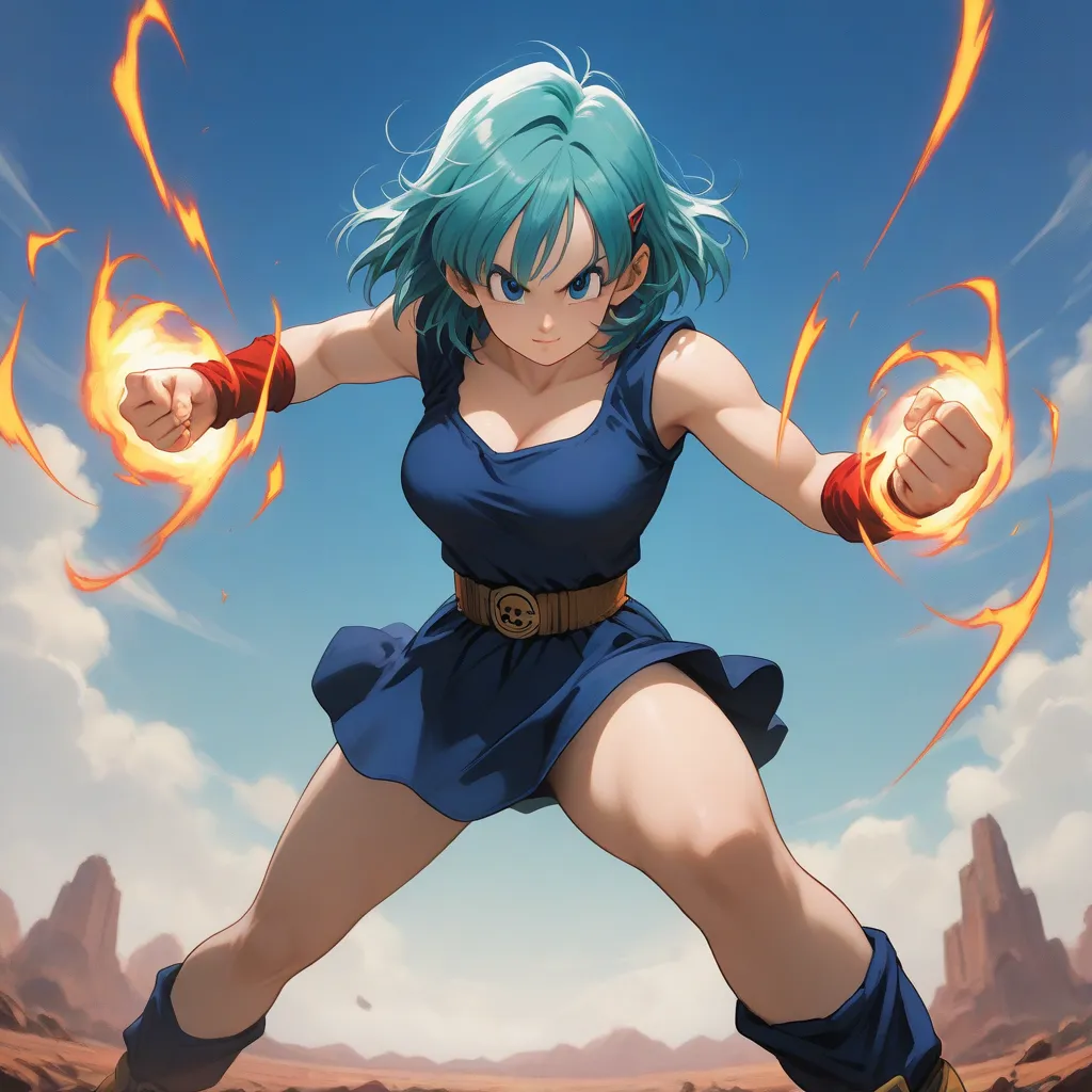 Bulma　　blue sky　the character is in a powerful stance, fists clenched, with an aura of energy depicted as red and white lines surrounding them　NSFW　Image is a digital illustration featuring a dynamic and stylized anime character. 　A highly stylized, cinema...