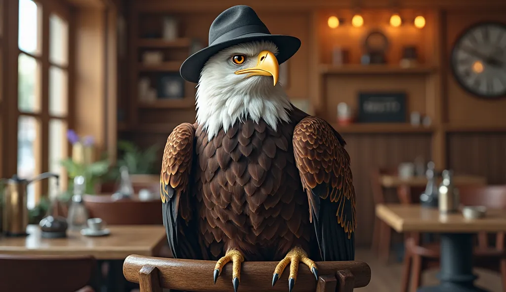 1 eagle、sit on a chair、talk、in front、 american casual fashion 、hat、I love coffee at the wooden cafe 、