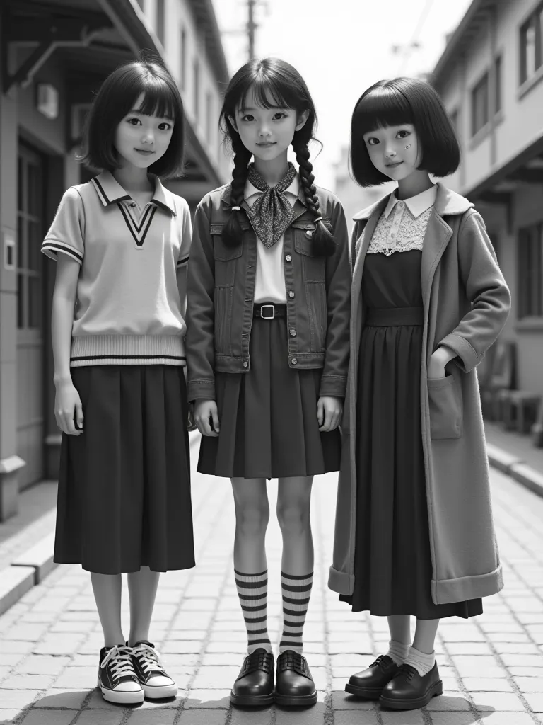 Black and white photographs of 3 female middle school students in a Showa retro atmosphere
The  on the left has dark brown, semi-long hair, a polo shirt, a V-neck sweater, a culotte skirt above the knee, a bandana around her neck, and athletic shoes.
The m...