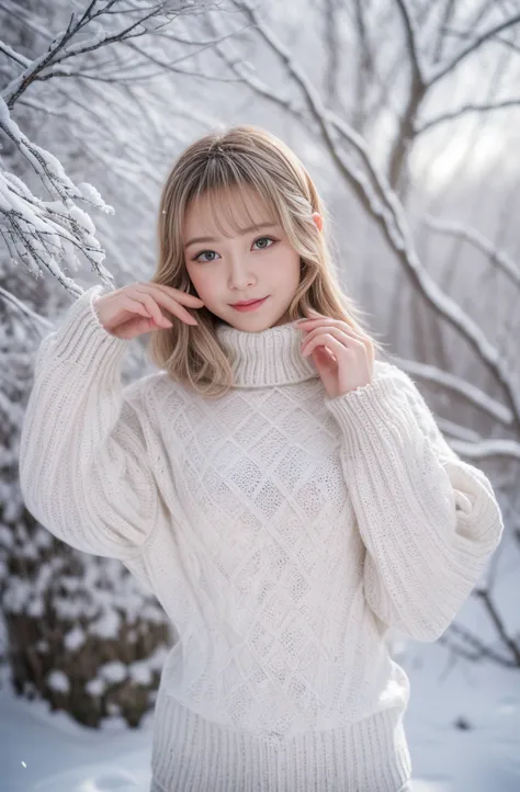 (tmasterpiece，8k,Best quality,A high resolution,ultra - detailed), The white, (knitted sweater:1.3), A world covered in silver, branches covered with snow, Cold winter touch, Snowflakes dance like elves, Turn the world into a silver fairy tale, Cold, Peace...