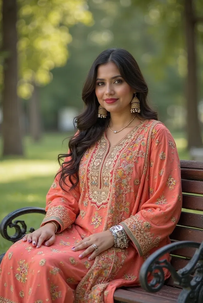 "A 32-year-old plus-size woman sits gracefully on a bench in a peaceful park. She wears a traditional shalwar kameez with intricate embroidery and large, elegant jhumkas dangling from her ears. Her presence exudes confidence and charm."