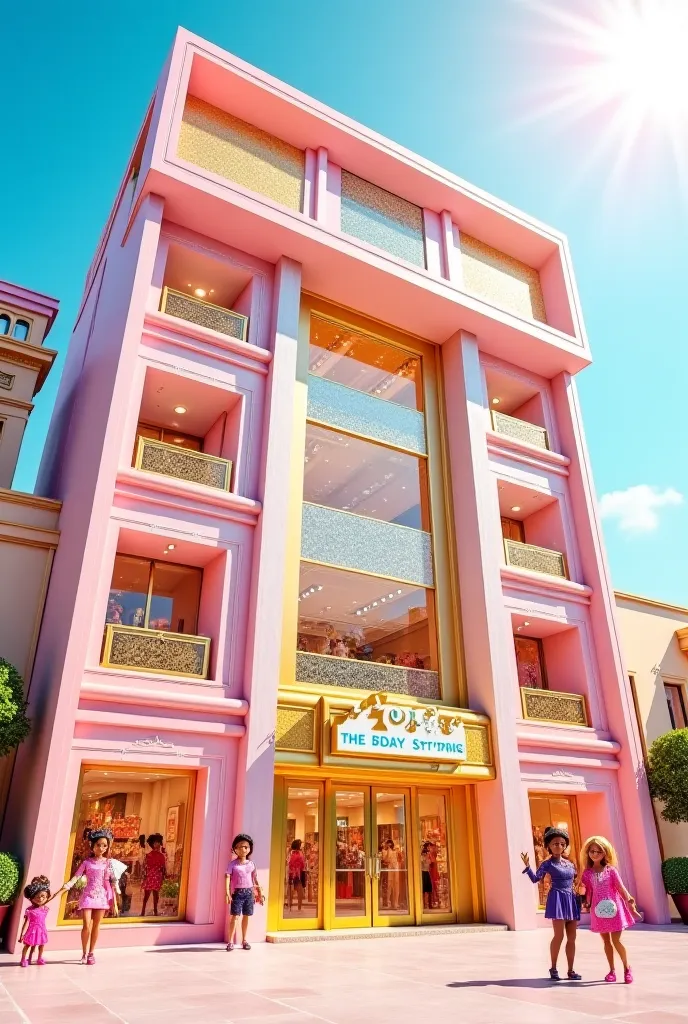 A tall, glamorous shopping mall facade in the signature L.O.L. OMG style, featuring multiple floors with large, sparkling glass windows, pastel-colored walls, and golden accents. The grand entrance is adorned with stylish signage and decorative lighting, e...