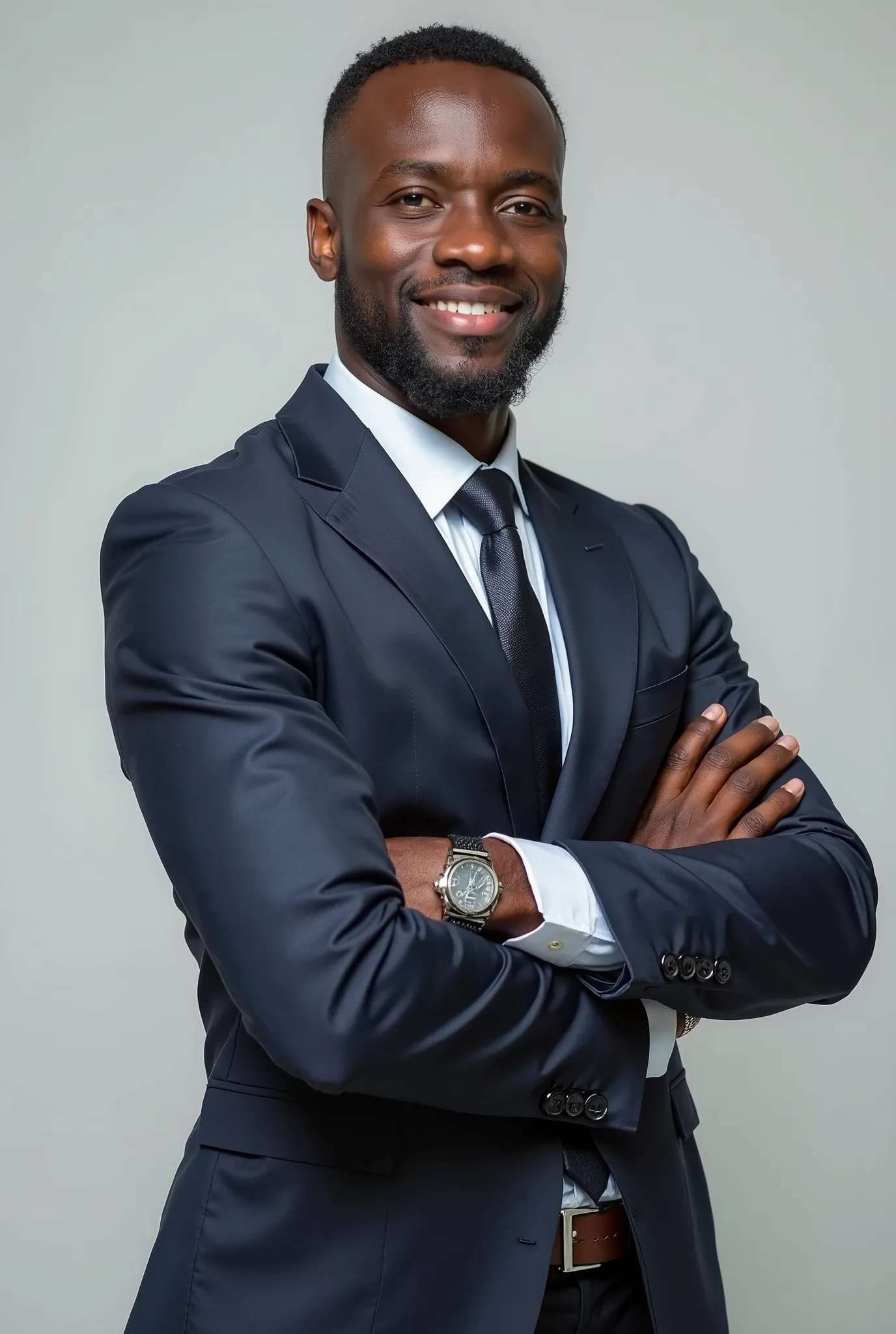 A highly realistic, professional mid-body shot of a Ghanaian business manager standing with his arms crossed, exuding confidence and authority. He is dressed in a tailored navy blue or black business suit, complemented by a crisp white shirt and a professi...