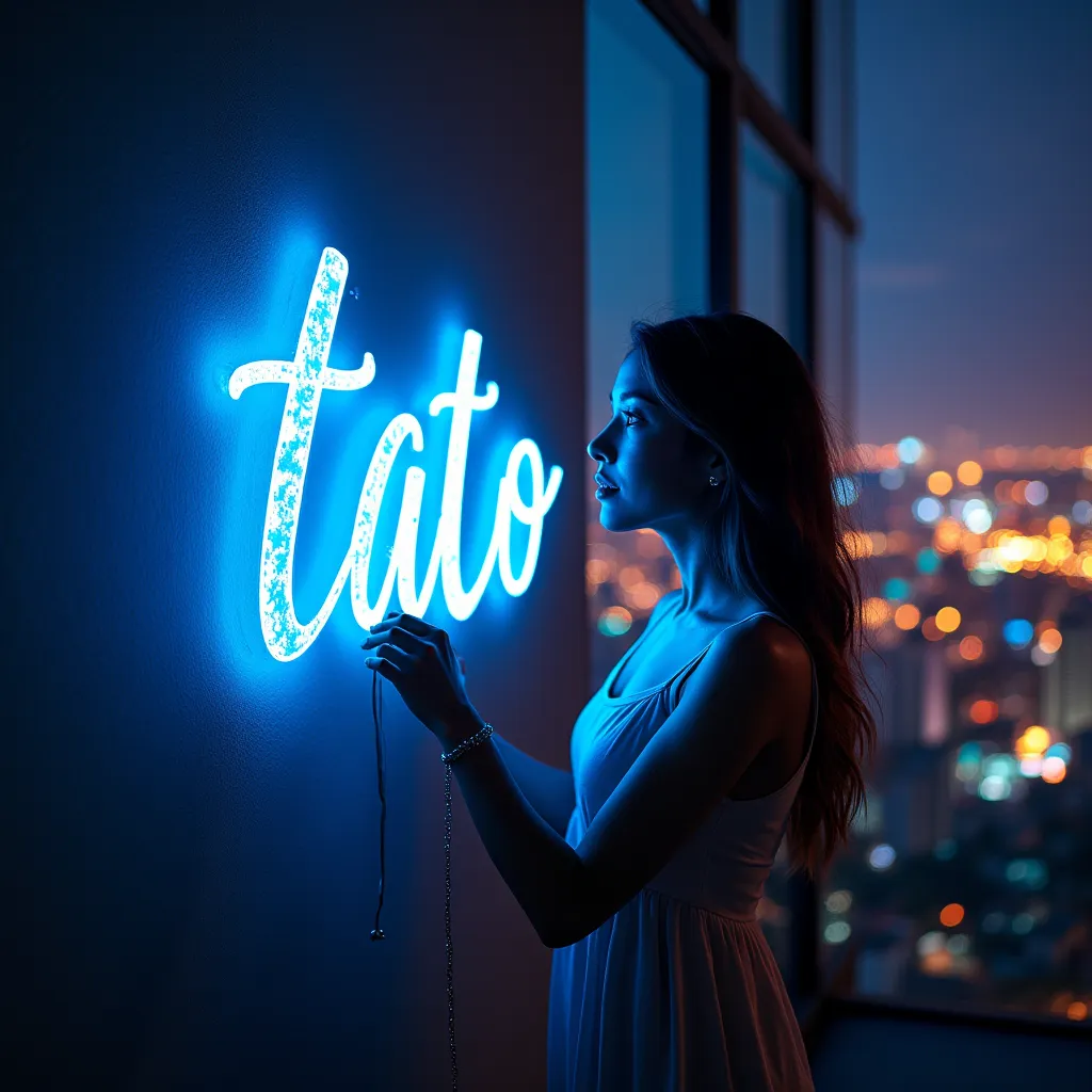 Picture of a side wall, a beautiful woman drawing text "TATO" with blue LED with fire, in the background of the image a city at night, 