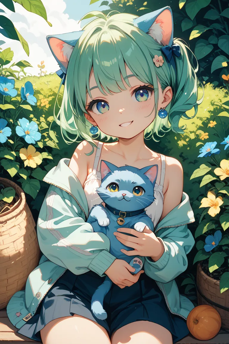 Blue cat with green hair。Young and cute