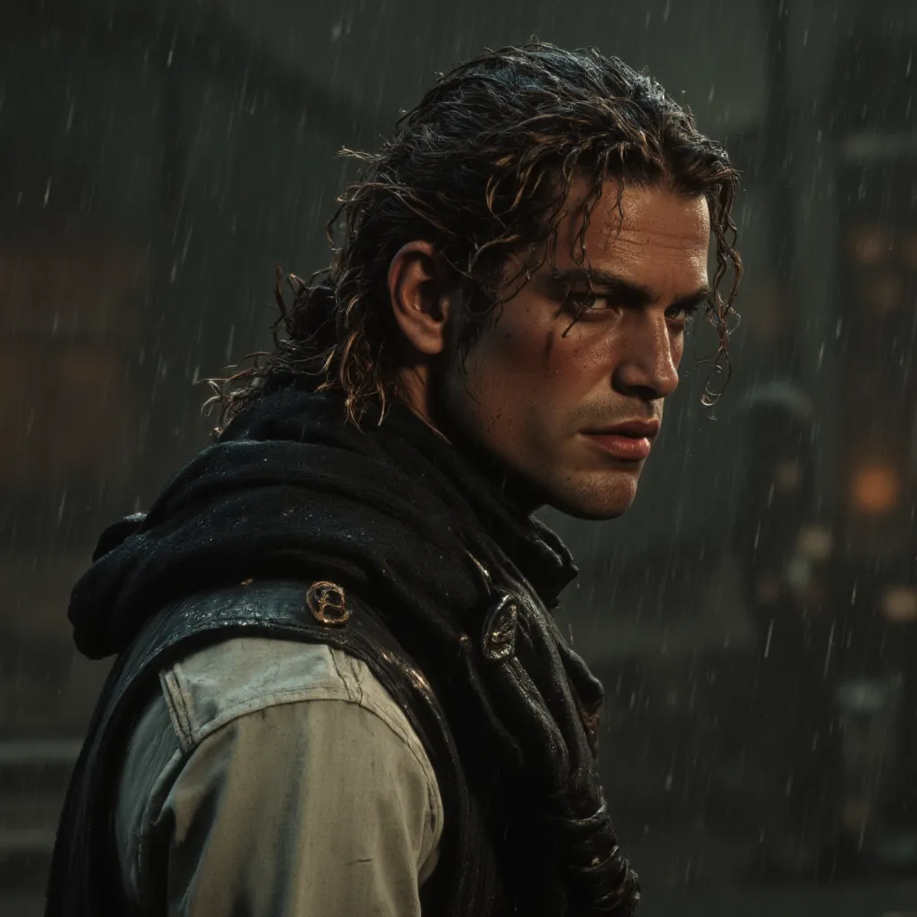 
"A young italian and breathtakingly handsome man stands in the pouring rain, his posture dynamic and slightly tense as he looks over his shoulder with a piercing, intense gaze. His long, chestnut-brown, naturally curly hair is tied into a low ponytail, wi...