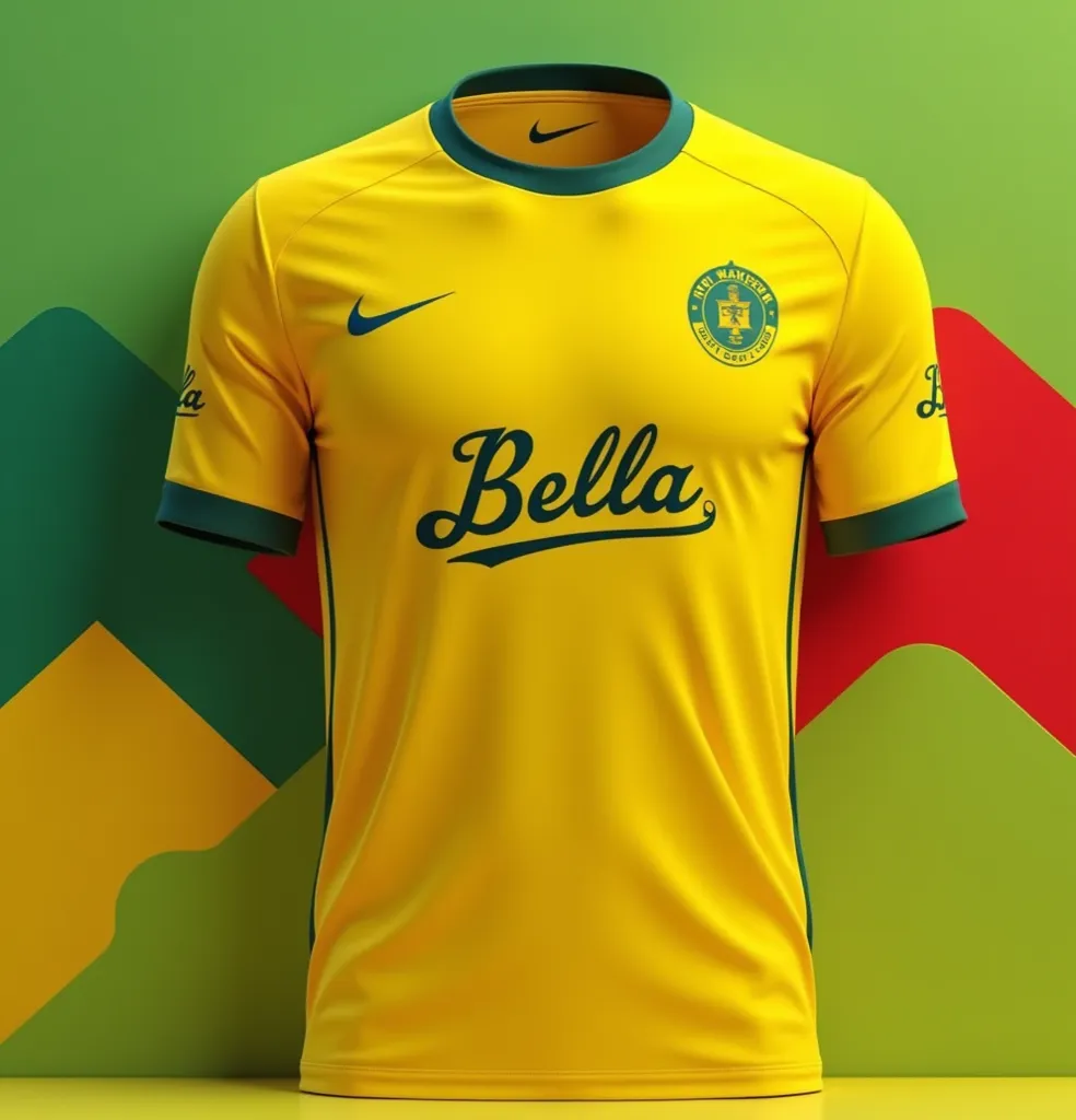 Can you make me football team tishrt with 70% yellow 20% green 10% red with smoll logo on front side and write Bella