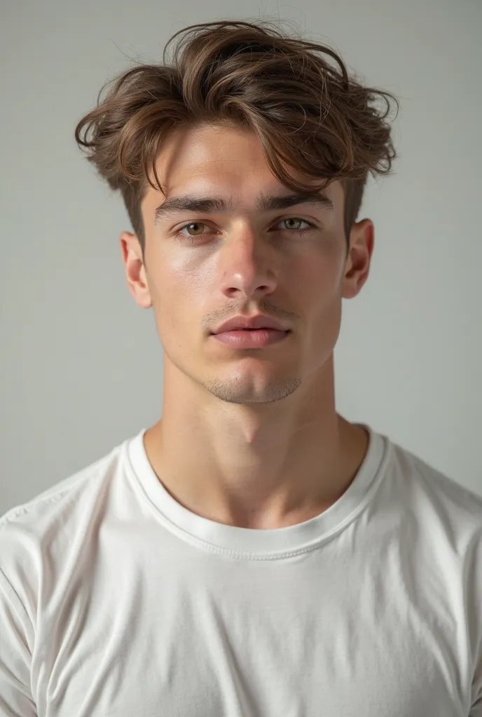 A guy, college student, iranian, light brown hair, light brown eyes, white skin, athletic, jock, wearing a white shirt, realistic, portrait, hd