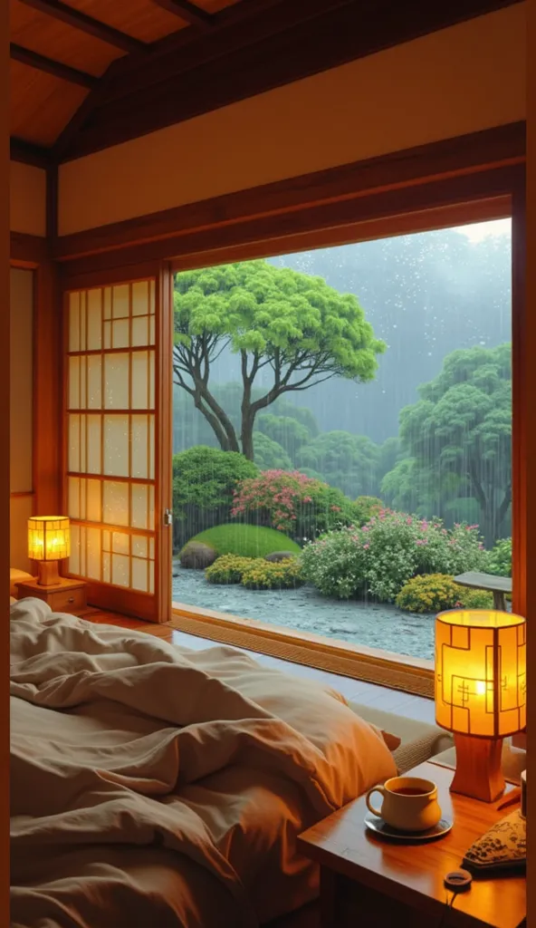 Create a seamless looping animation of a cozy Japanese-style bedroom with rain falling outside. The camera remains fixed, showing a warm, softly lit room with a bed, a glowing lamp, and a steaming cup of tea. Outside, raindrops gently fall on the glass win...