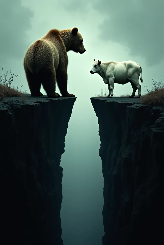 The ground suddenly splits open, creating a deep chasm between the bear and the cow. The bear stumbles back, eyes wide in shock. The cow remains calm, standing at the very edge, its white fur glowing against the dark, cracked earth.”