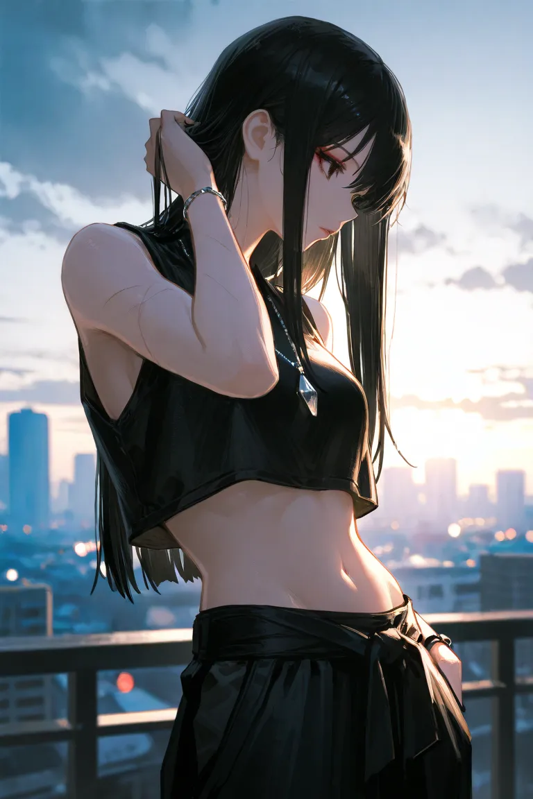 upper body,cool girl photo、move hair in Japanese girl style、cloudy sky、Blurred city background、dry Asian vibe,gentle cinematic lighting ,   beautiful black hair  ,Long straight hair bang,k−pop風,natural makeup,Slender in the background,  black vest,black pl...