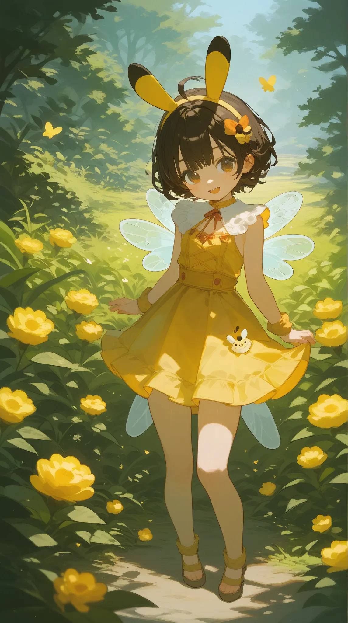 A natural happy baby with a little bee costume standing in a stylized setting, ready to dance 