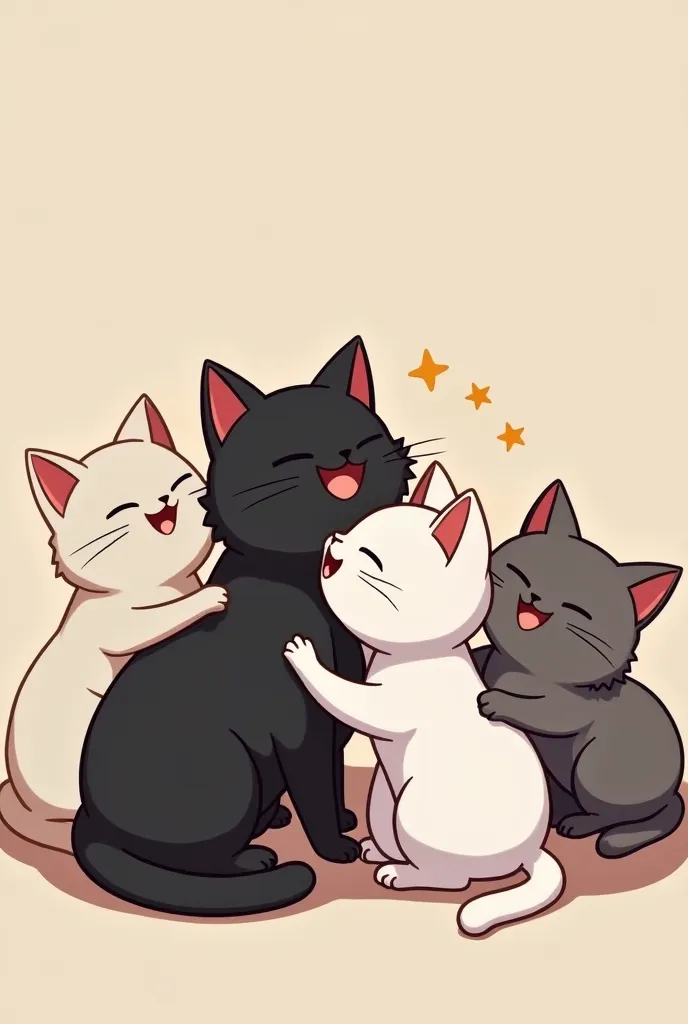 An image of 4 cats being happy, Of the colors: 
Full white 
Full black 
full gray 
White with black 
