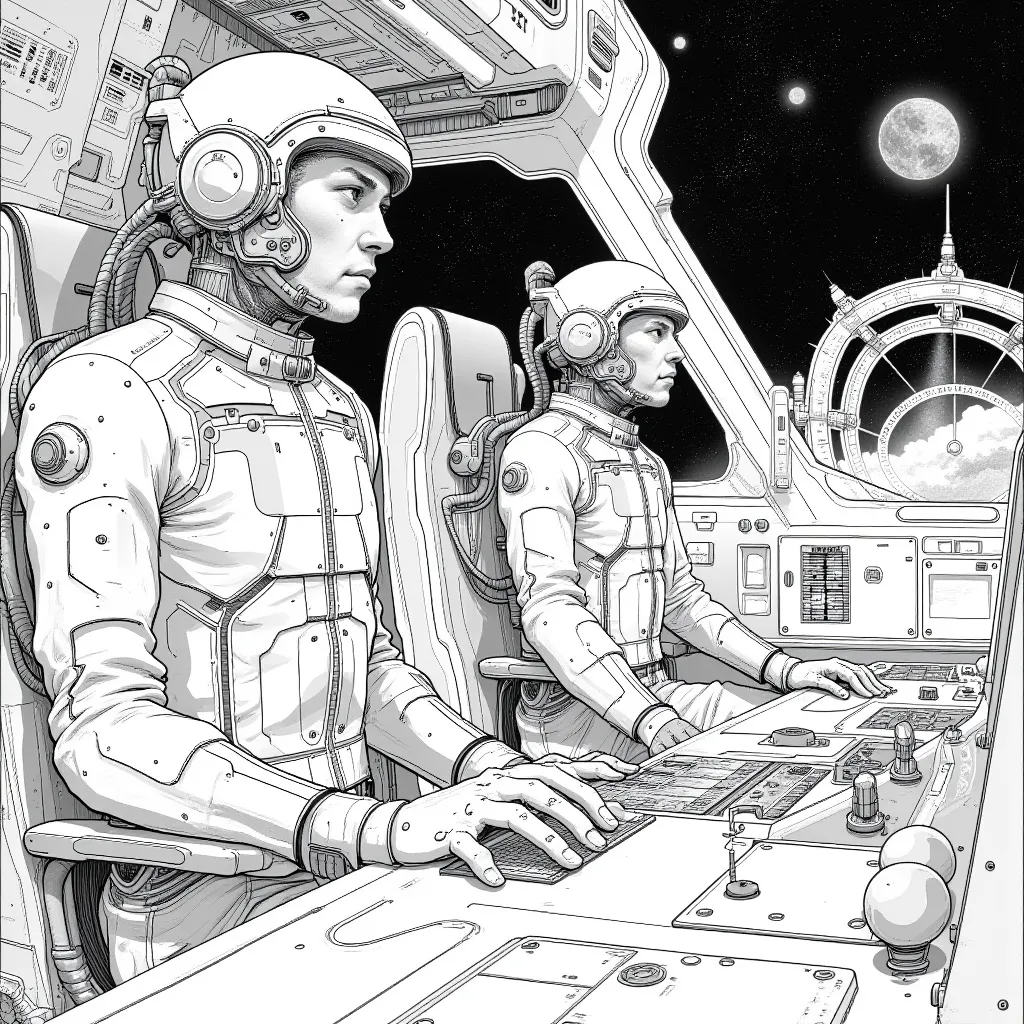 two men, with advanced technology suits, using technological helmets, sitting next to the ship's panels,  at high speed, Body expression of tension and anxiety ; piloting a large technological ship, View from the inside; With a view of the galaxy; medium p...