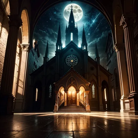 A surreal and atmospheric night scene featuring an old church standing solemnly beside a brightly lit Ferris wheel. The juxtaposition of the ancient, weathered church with the modern, vibrant Ferris wheel creates a striking contrast, evoking a sense of tim...