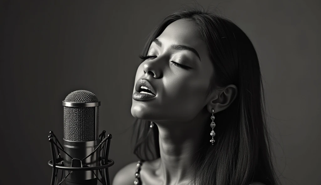 A beautiful young mix race woman with long straight hair, eyes closed with a deep and emotional expression, wearing elegant dangling earrings. She stands in front of a vintage microphone, as if singing with great passion. The image has an artistic black-an...