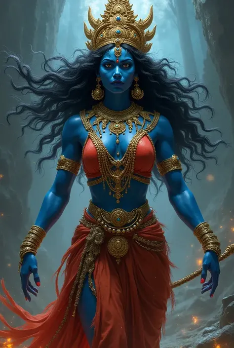 An emotional and intense depiction of Goddess Mahakali in her traditional, fierce form, with a garland of skulls around her neck and dark blue skin. She holds her traditional weapons, such as a sword and a trident, but her expression is filled with both sa...