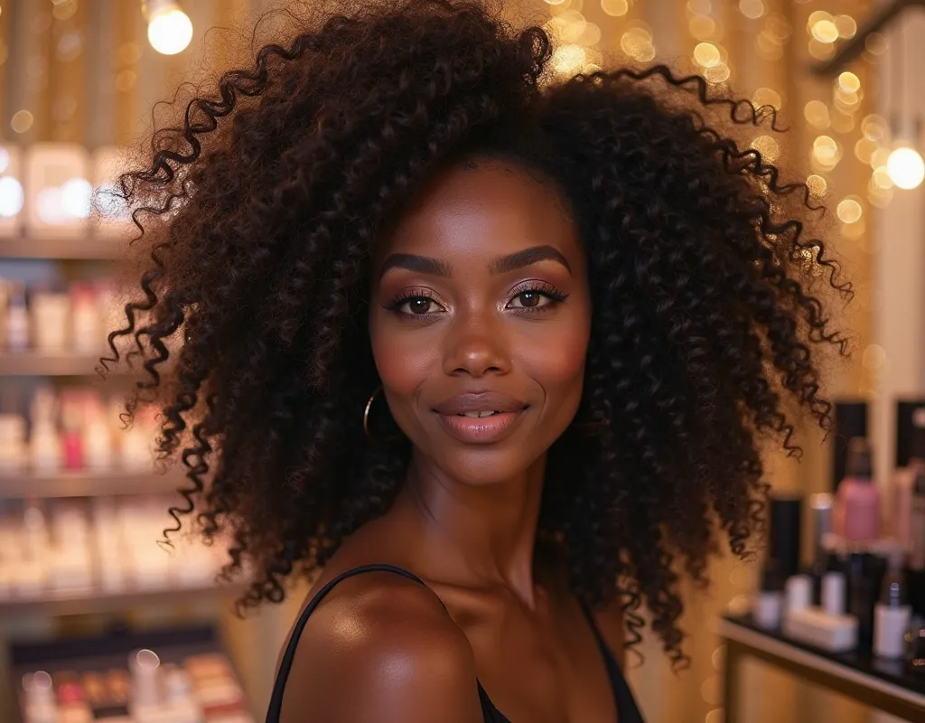 Create a very beautiful black woman with loose curly hair with Brazilian features and a shiny background, She is wearing a modern dress with decent and well made up, And in the background there will be a cosmetic rack 