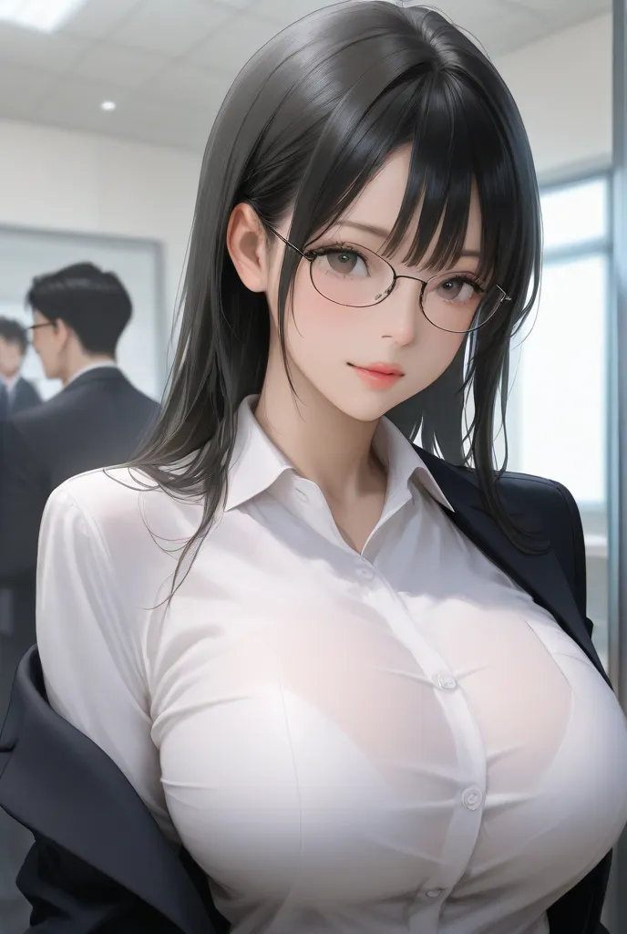 Glasses、Big Breasts、Short black hair、very realistic、top quality、 very detailed、  office、company employee、  shirt、suit