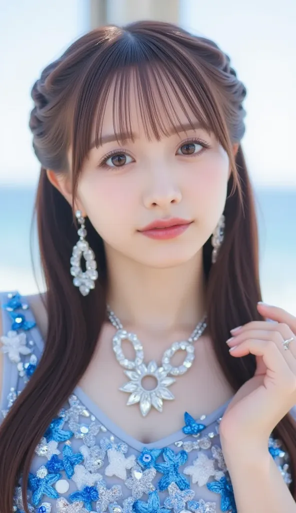 masterpiece, Ultra High Resolution 、top quality、full body、Cute Poses、On a tropical beach、, smile、tilt your head、  Large gemstone earrings   :1.5,、small breasts、 Very slim body 、skinny、 Sparkling flower pattern 、thin thighs , (beautiful face),(shining eyes:...