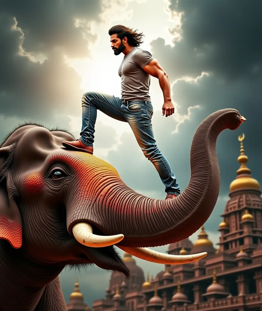 Create a powerful Bollywood action movie poster for *"Parshuram - The Rising."* The scene should feature a grand background of a majestic Indian temple inspired by the Kashi Vishwanath temple, set against a sky with vibrant shades of red, orange, and hints...