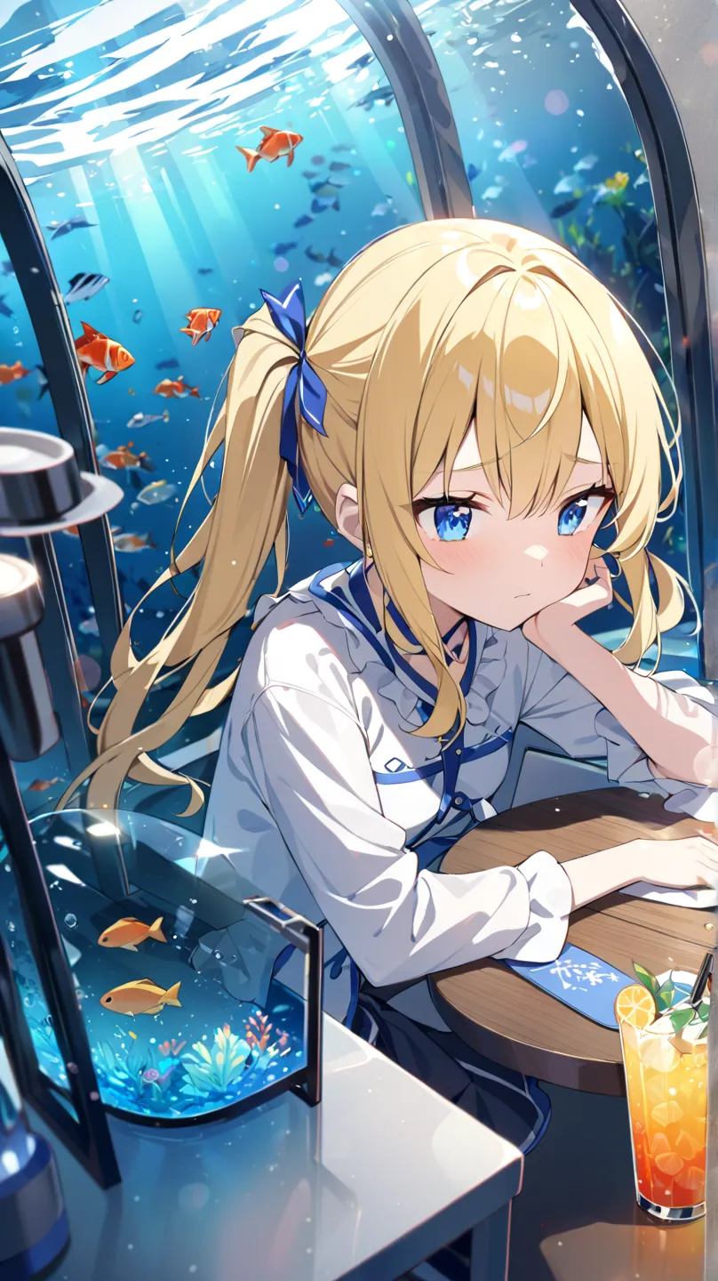  Aquarium 、fish tank tunnel、1 girl who died, solo, blue eyes, yellow hair、Twin Ponytail、 table、drink、 melancholy expression、dutch angle, Sparkling Effect, blur background, lens flare, 