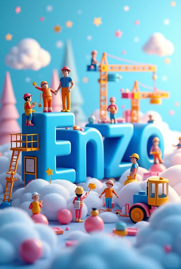 A vibrant and detailed scene showing the name((( Enzo)))in the color blue stylized in 3D similar to a large floating theme park,  with soft and joyful colors ,  surrounded by fluffy clouds, bright stars and small floating spheres. About the structure of th...