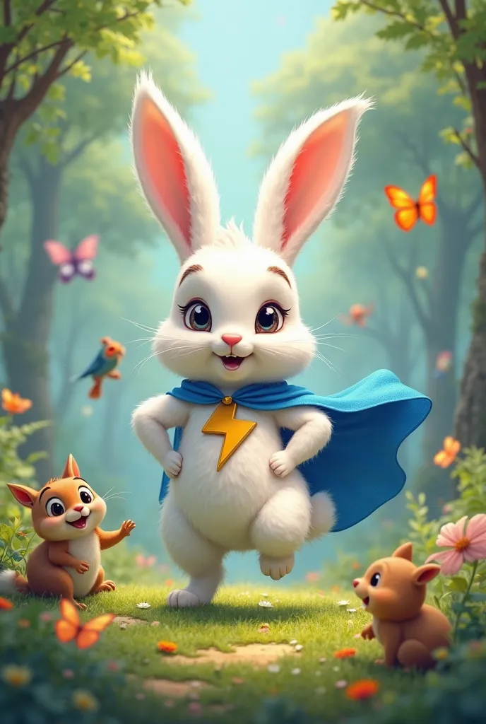 a cute white rabbit wearing a blue superhero cape with a lightning bolt on his chest playing with animals in the forest