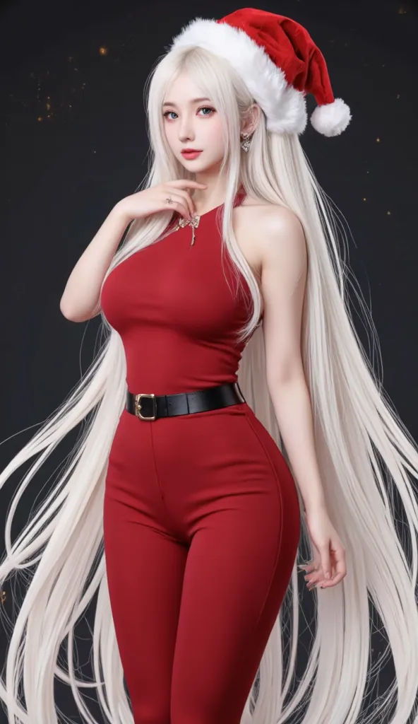 a girl with long white hair, wearing asantclaushat, in the style of dark red and white, light black and white, anime-inspired characters, japanes pop art, 8k, hat, santa hat, long hair, jewelry, earrings, smile, blue eyes, white hair, pants, shirt, belt, r...