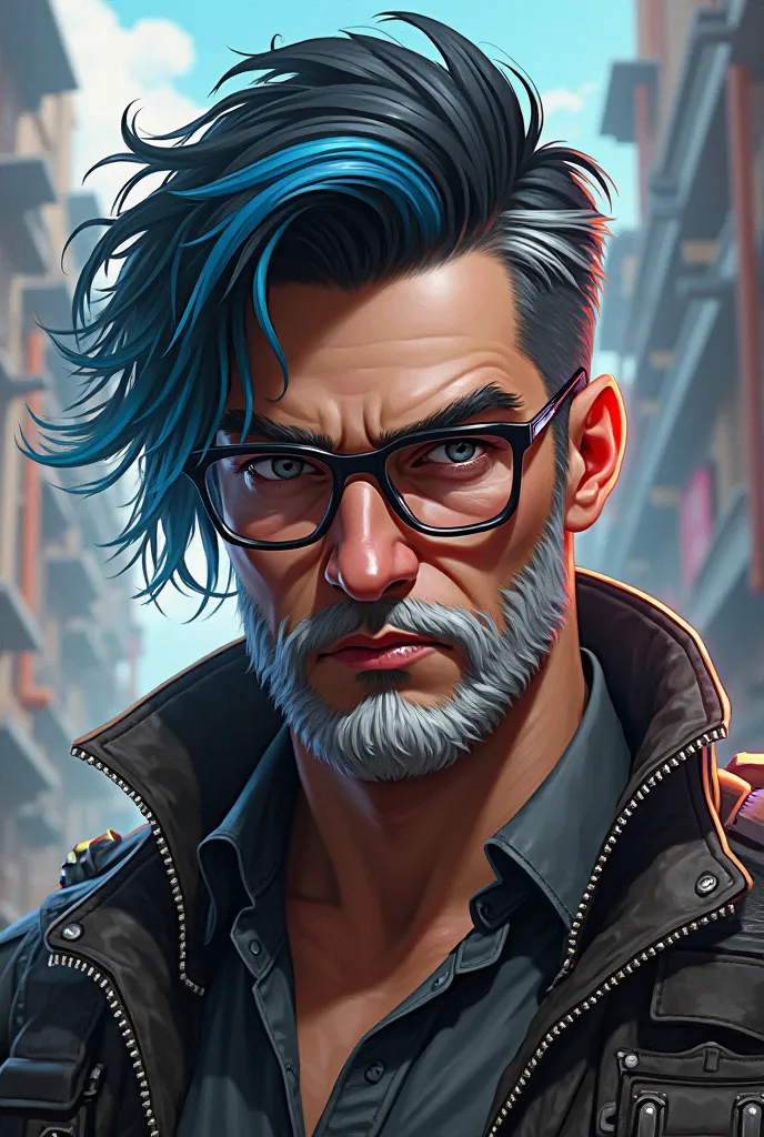 I want a male character like the game Free Fire with a black hair and a blue lock on the side, black glasses and a white beard