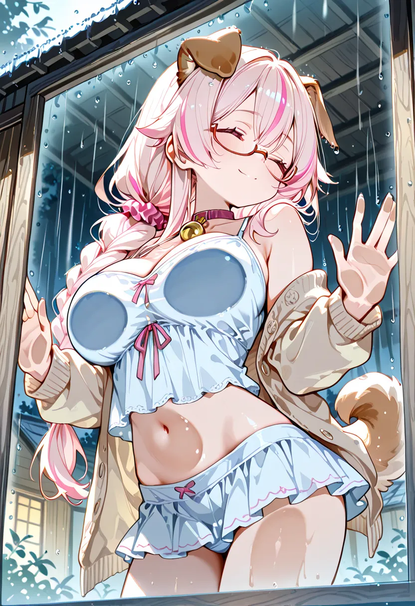 Nsfw, 1girl, solo, loli, dog girl, girl genius, dipstick ears, oppai loli, Light pink eyes, tareme, large breasts, petite, 
long hair, single braid, scrunchie, under-rim eyewear, streaked hair, hair Light pink scrunchie, neck bell, cleavage, cardigan, cami...