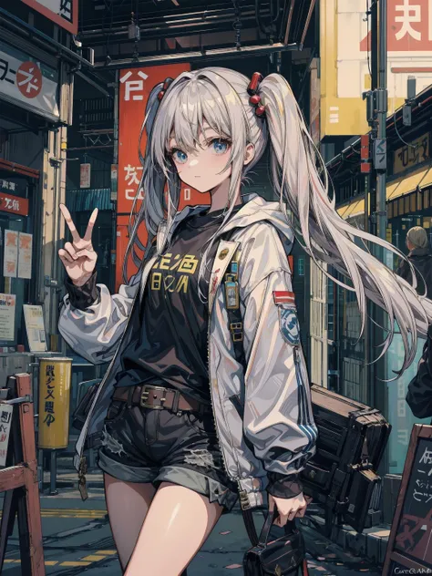 ideal body ratio, perfect anatomy, Correct text ,   Silver Hair, Twin Tails, hair behind the ear, half up, sagitales,viewers, cowboy shooting, Akihabara , black long sleeve t-shirt, , SHORTS,