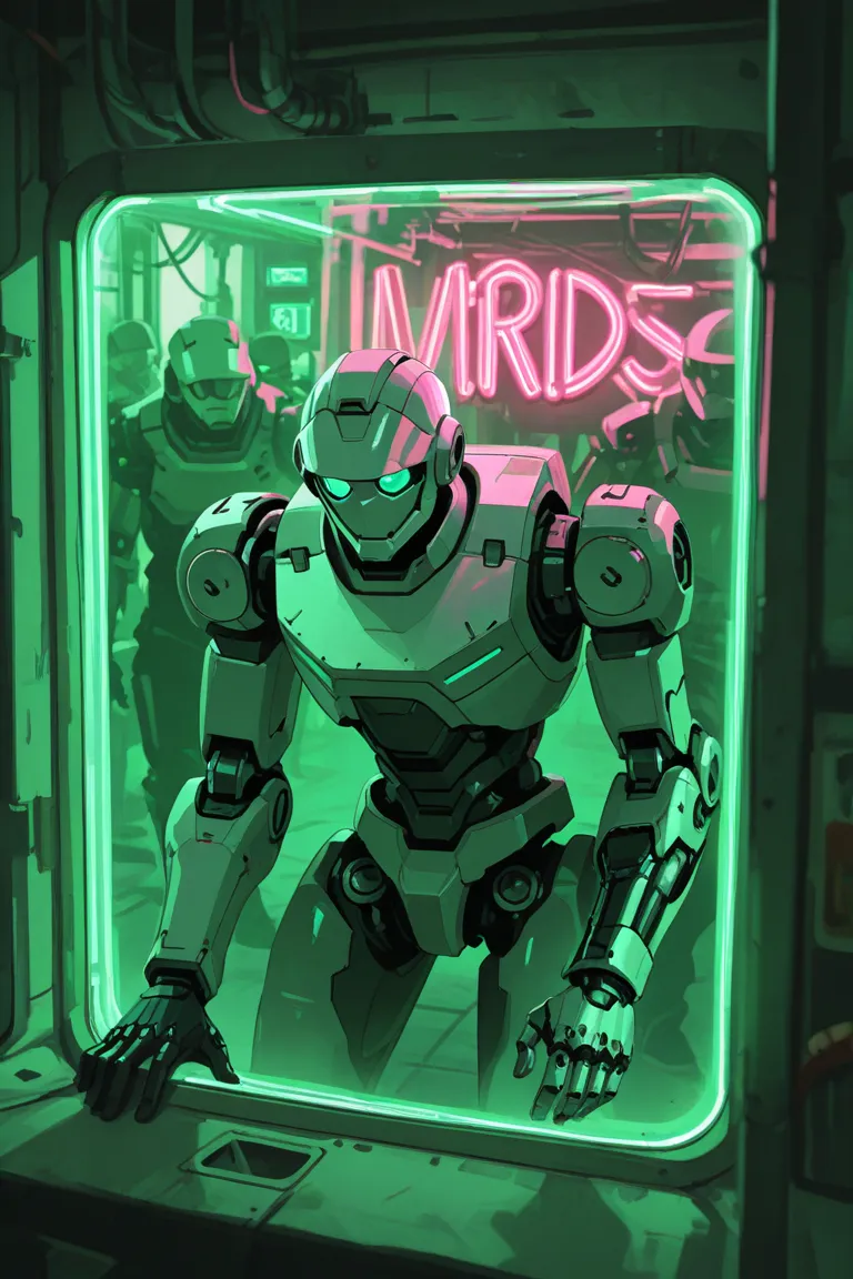 Make an image of a YOUNG MAN ,with a mechanical arm ,while inside a laboratory filled with robots and Neon lights .