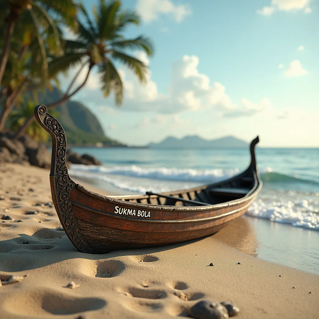 an amekil boat on the shore with the inscription SUKMABOLA